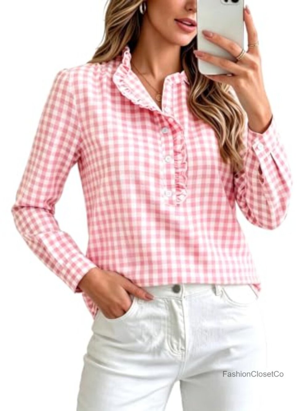 Puff Long Sleeve Ruffle Plaid Button Down Shirt Cotton Blouse